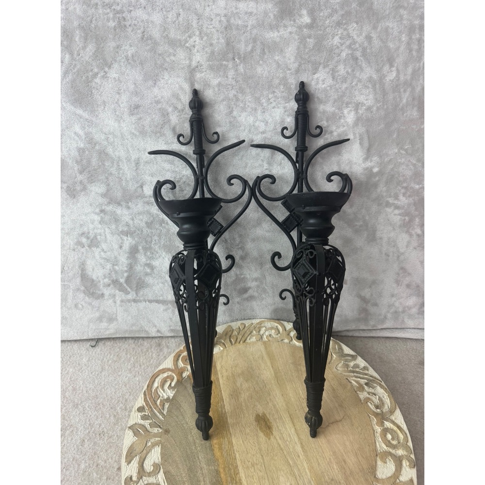 Vintage Black Wrought Iron Gothic Wall Sconce Pair Ornate Scrollwork 19.5 Inch